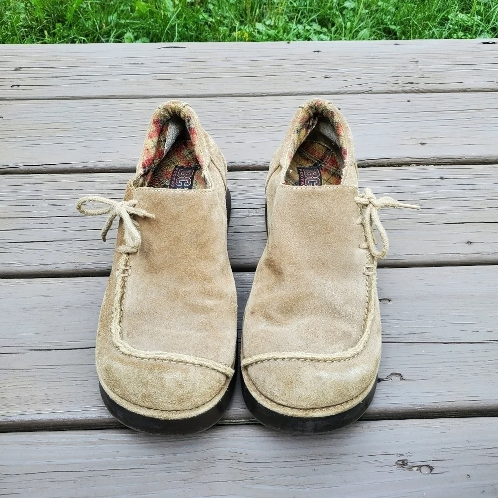 Vintage 90s y2k Bratz Camel Tan Suede Leather Corset‎ Platform Wedge Loafers 10